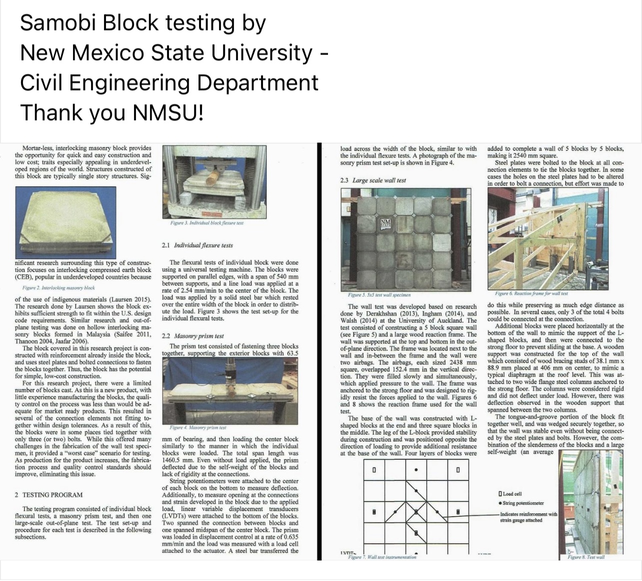 NMSU Civil Engineering structural testing of SAMOBI blocks