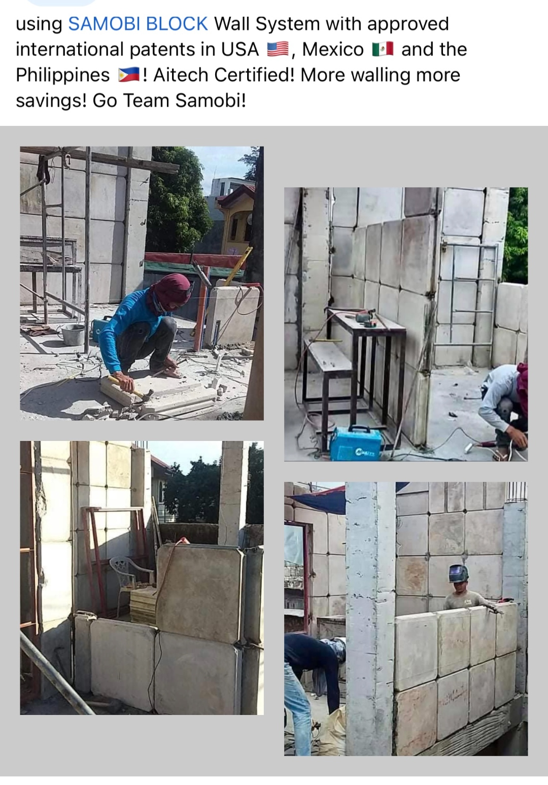 Ongoing Samobi Block Wall System installation — block stacking and welding close-up